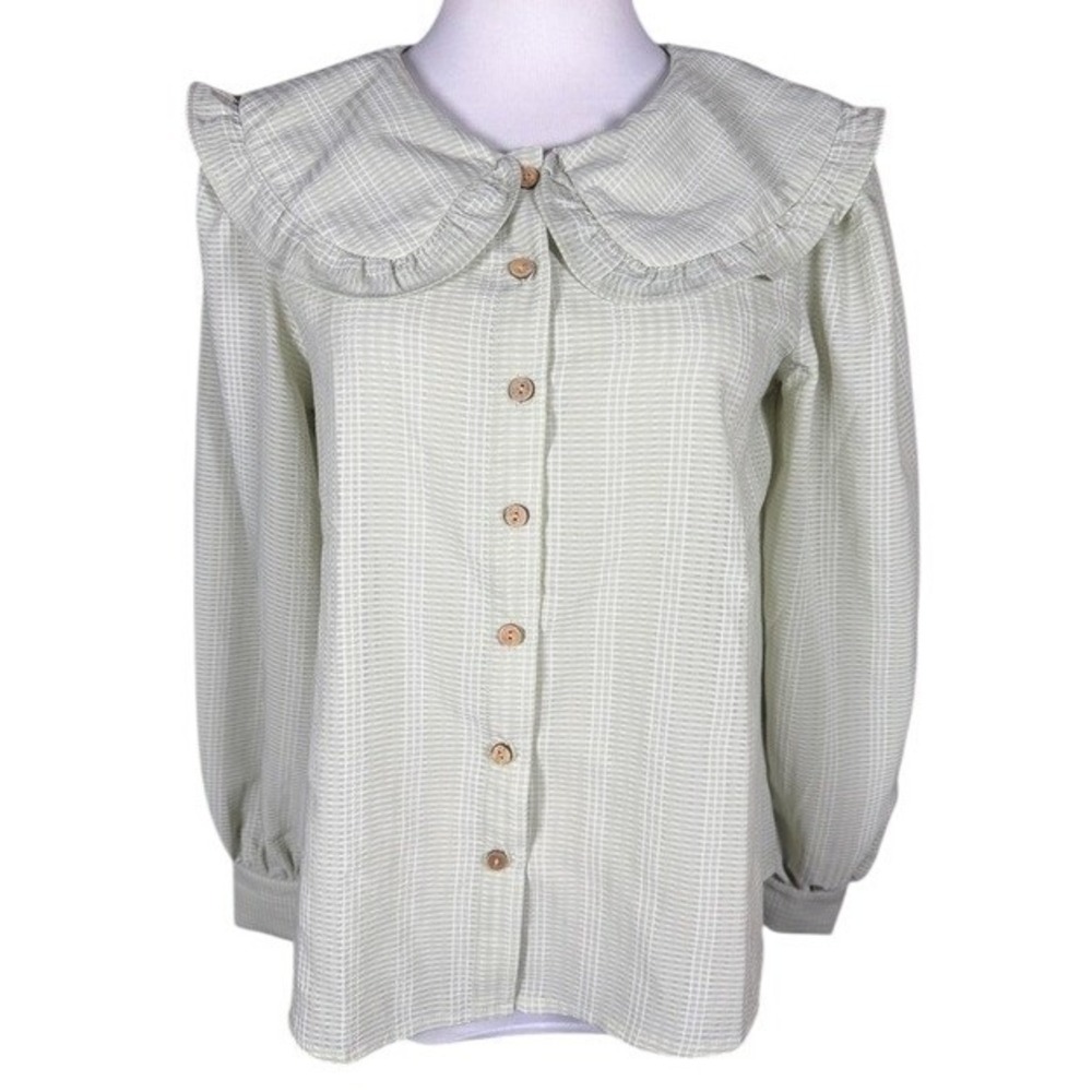 MINE Sage Green Plaid Oversized Ruffle Collar Button Front Blouse Small CR1490